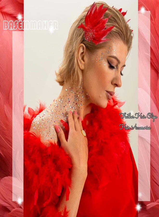 بيسماهير قطعتان من مشابك الشعر المزينة بالريش على طراز الباليه، مزينة بزهرة كريستالية وريش النعامة والبجعة، إكسسوارات شعر للنساء والفتيات والعرائس وحفلات الزفاف وعيد الحب والهالوين وعروض المسرح (أحمر) - Image 3